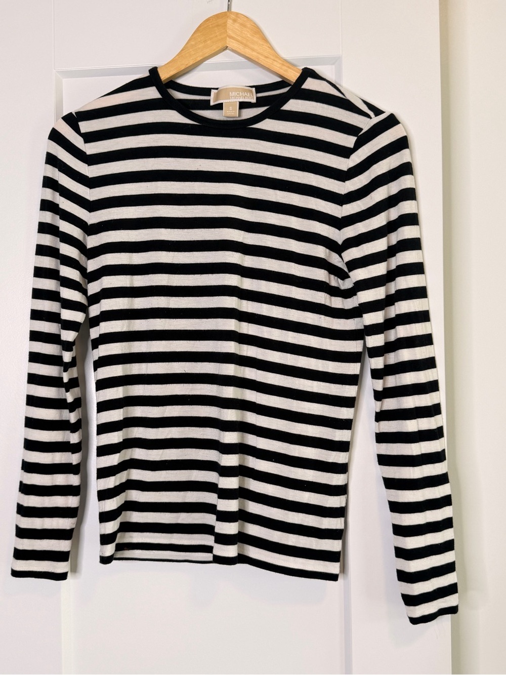 Michael Kors Black and White Striped Long-Sleeve Crewneck Shirt